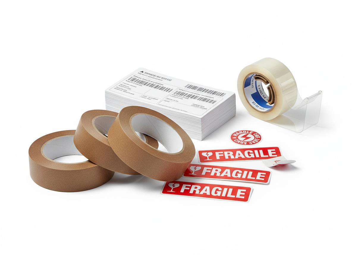 Packing tape rolls and shipping labels