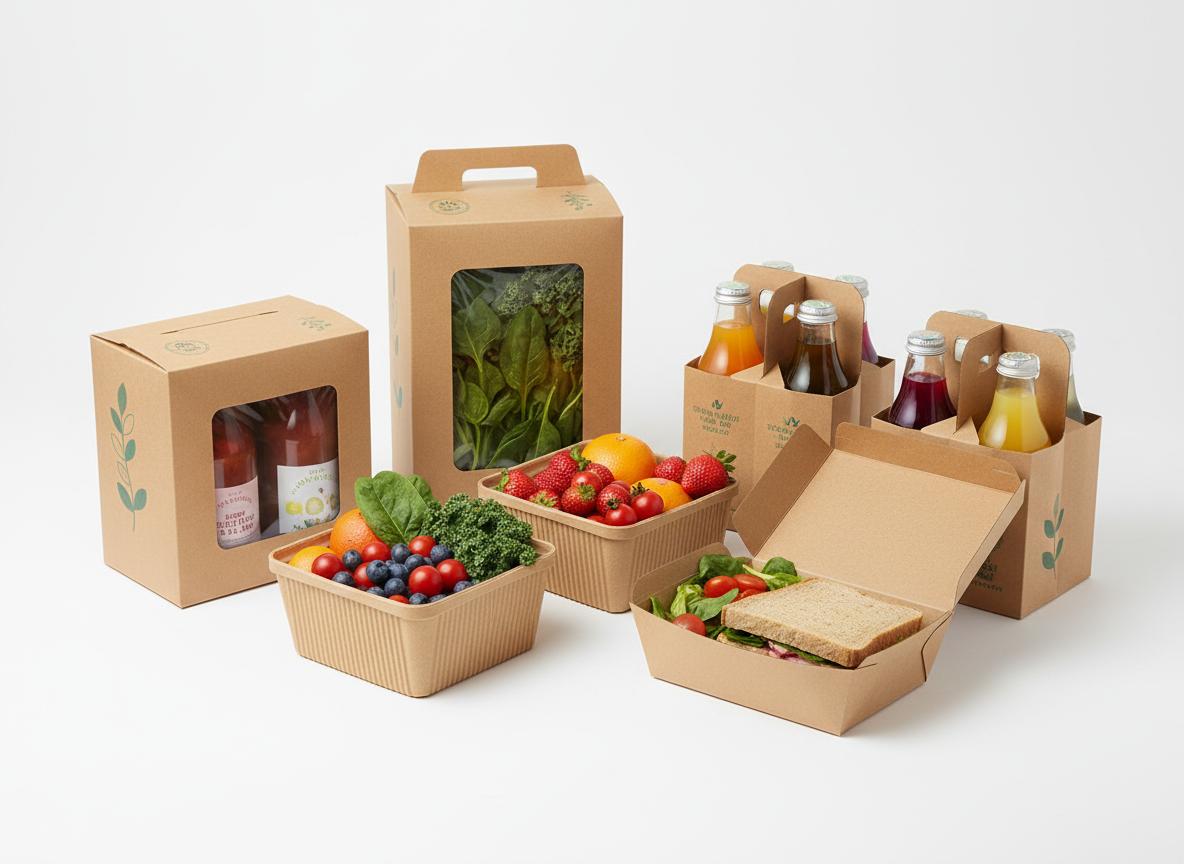 Food-grade cardboard packaging with fresh produce and beverages