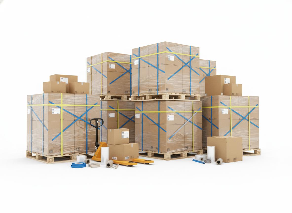 Pallets wrapped in stretch film with warehouse supplies